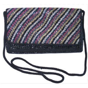 La Regale Black & Multi-color Beaded Shoulder Cross-body Vintage Evening Purse